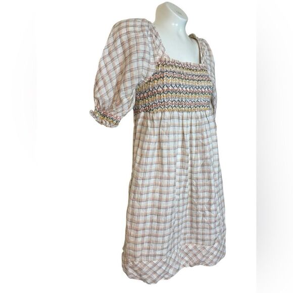 Faherty 100% Linen Lola Windowpane Smocked Puff Sleeve Mini Dress - Picture 1 of 9